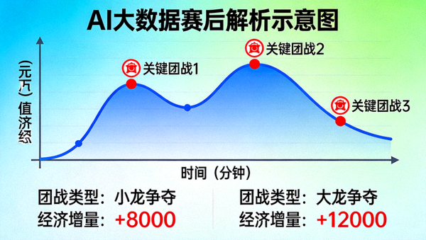 AI大数据赛后解析示意图：经济曲线与关键团战节点可视化图表