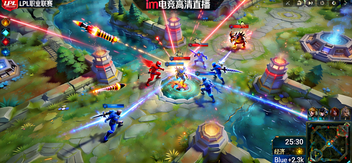 im电竞高清直播画面：英雄联盟职业联赛团战对决的召唤师峡谷全景